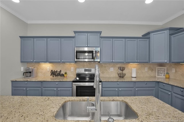 kitchen with decorative backsplash, crown molding, light stone countertops, and stainless steel appliances