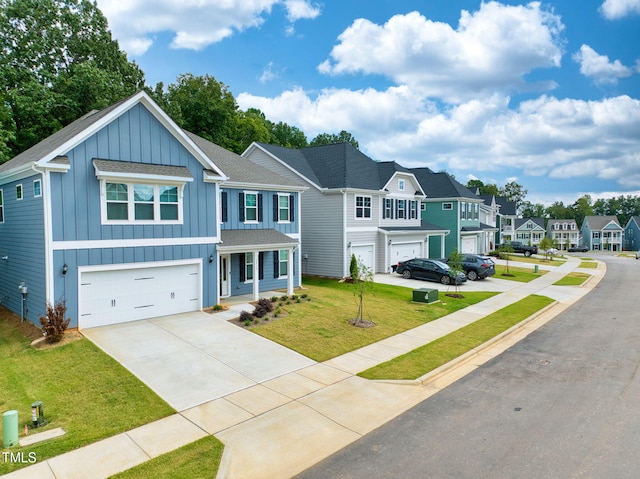 view of front of property with covered porch, a garage, and a front yard