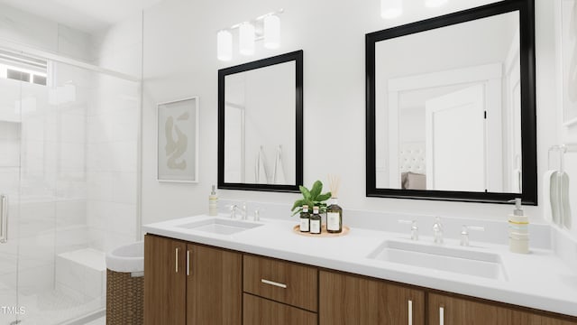 bathroom featuring vanity and a shower with door