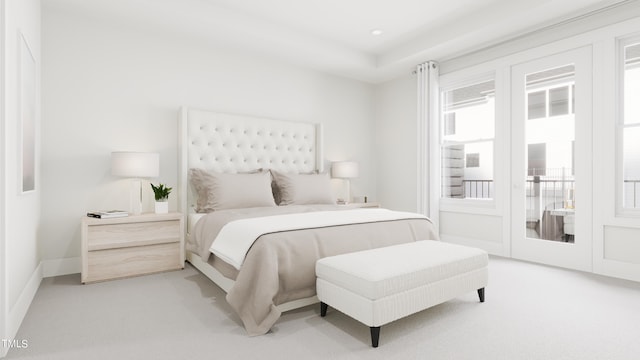 bedroom featuring light carpet