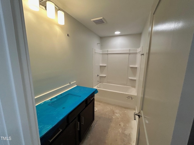 bathroom featuring shower / tub combination, vanity, and concrete flooring