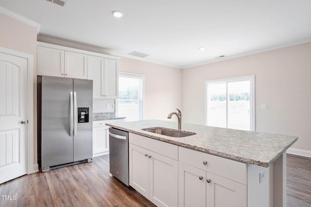 kitchen featuring white cabinetry, sink, plenty of natural light, and appliances with stainless steel finishes