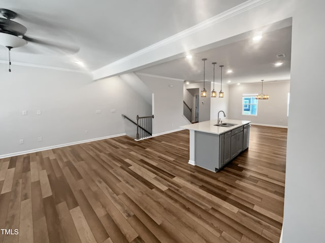 kitchen featuring gray cabinetry, a kitchen island with sink, sink, and dark wood-type flooring