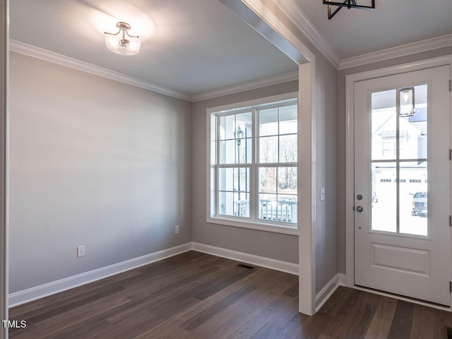 1713 Grassy Falls Ln, Wendell, NC 27591 - doorway to outside featuring dark wood finished floors and ornamental molding