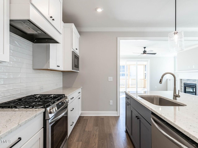 1713 Grassy Falls Ln, Wendell, NC 27591 - kitchen with stainless steel appliances, under cabinet range hood, a glass covered fireplace, dark wood-style flooring, and crown molding