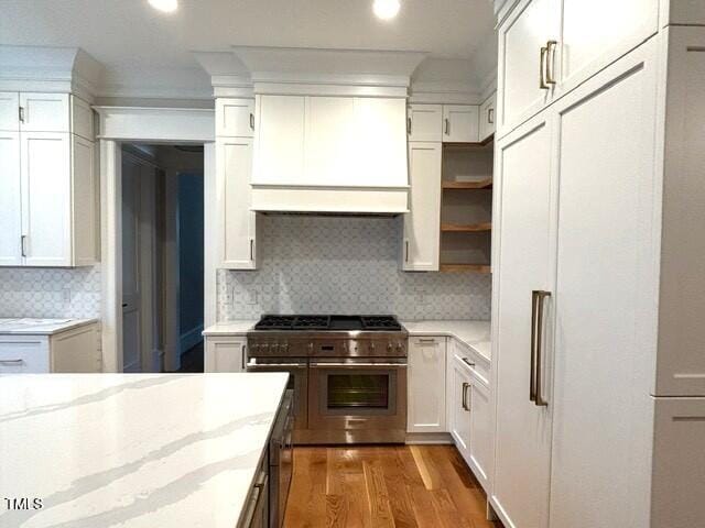 8305 Society Pl, Raleigh, NC 27615 - kitchen with high end appliances, light stone counters, white cabinets, wood finished floors, and recessed lighting