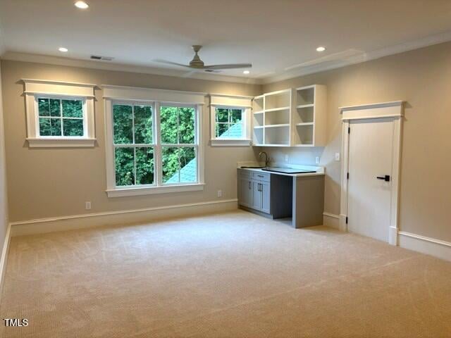 8305 Society Pl, Raleigh, NC 27615 - unfurnished office with light colored carpet, ceiling fan, recessed lighting, and crown molding