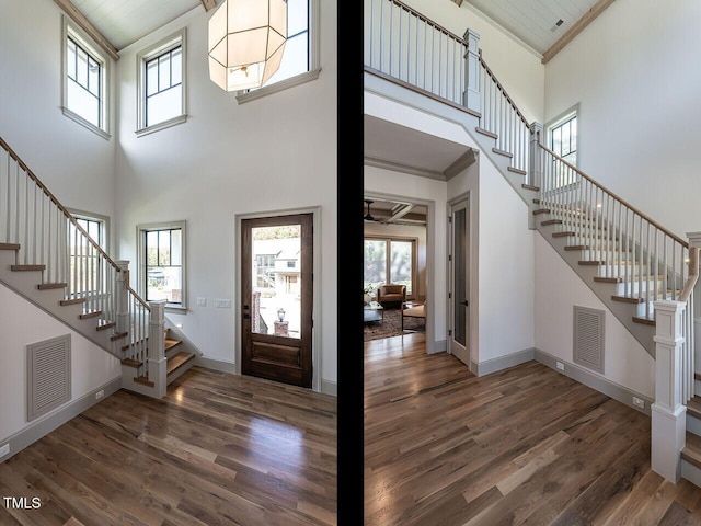 foyer entrance with ornamental molding, a high ceiling, wood ceiling, and dark hardwood / wood-style flooring