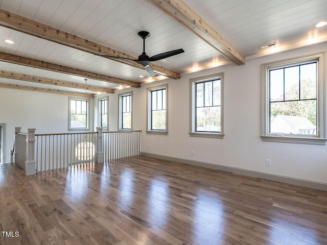 unfurnished room featuring wood ceiling, dark hardwood / wood-style floors, beamed ceiling, and ceiling fan