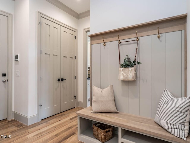 mudroom featuring crown molding and light wood-type flooring