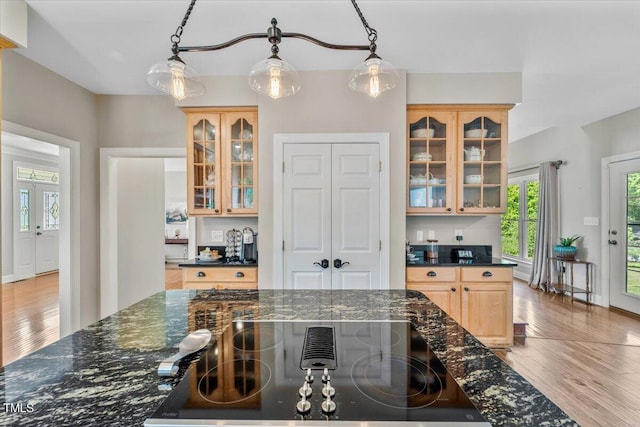 kitchen featuring glass insert cabinets, light brown cabinets, wood finished floors, and black electric cooktop
