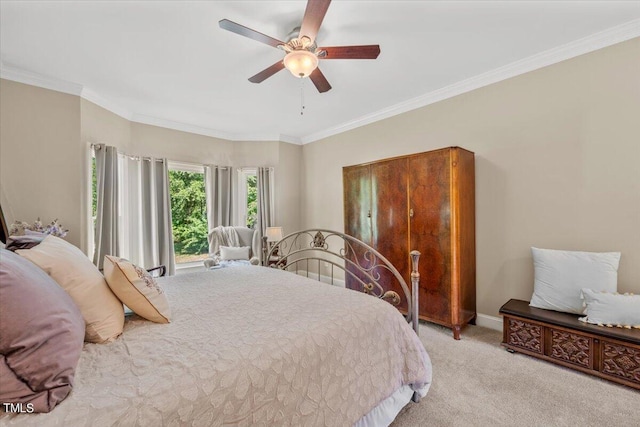 bedroom featuring baseboards, ceiling fan, ornamental molding, and light colored carpet