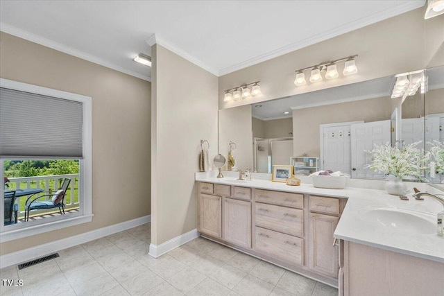 full bath featuring a sink, baseboards, double vanity, and visible vents