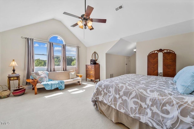bedroom featuring visible vents, carpet, ceiling fan, and vaulted ceiling