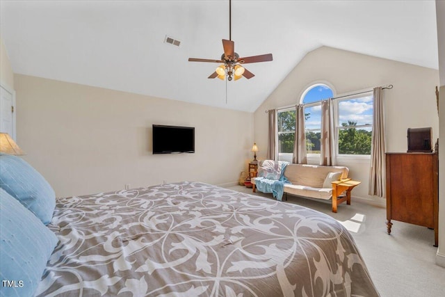carpeted bedroom featuring visible vents, a ceiling fan, baseboards, and high vaulted ceiling