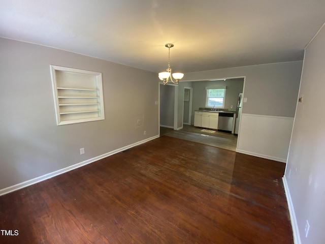 interior space featuring a notable chandelier, dark hardwood / wood-style floors, built in features, and sink