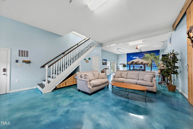 living room with concrete floors