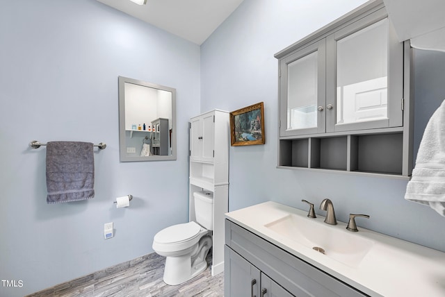 bathroom with wood-type flooring, vanity, and toilet