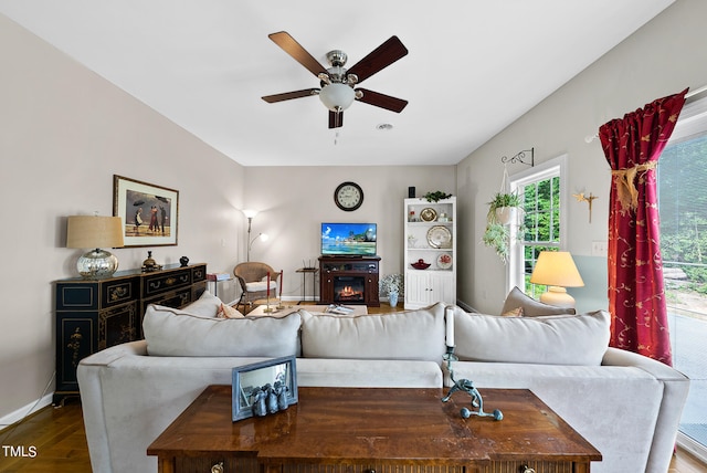 living room with ceiling fan and wood-type flooring