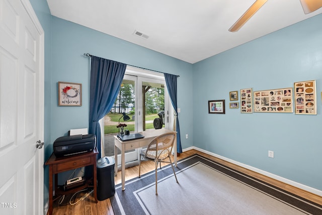 office area featuring ceiling fan and hardwood / wood-style floors