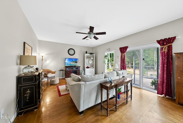 living room with ceiling fan and hardwood / wood-style floors