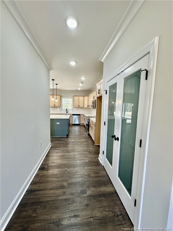 kitchen with hanging light fixtures, stainless steel appliances, a kitchen island, dark hardwood / wood-style flooring, and french doors