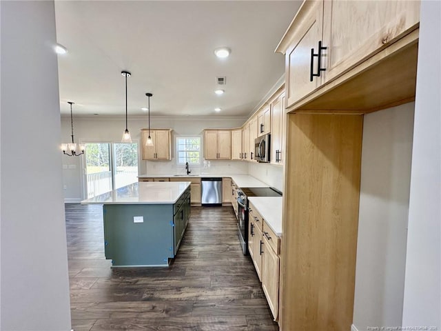 kitchen with dark wood-type flooring, light brown cabinetry, decorative light fixtures, a center island, and stainless steel appliances