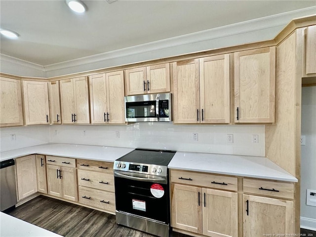 kitchen featuring decorative backsplash, stainless steel appliances, and light brown cabinets