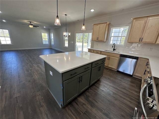 kitchen featuring sink, gray cabinets, dishwasher, a kitchen island, and light brown cabinets