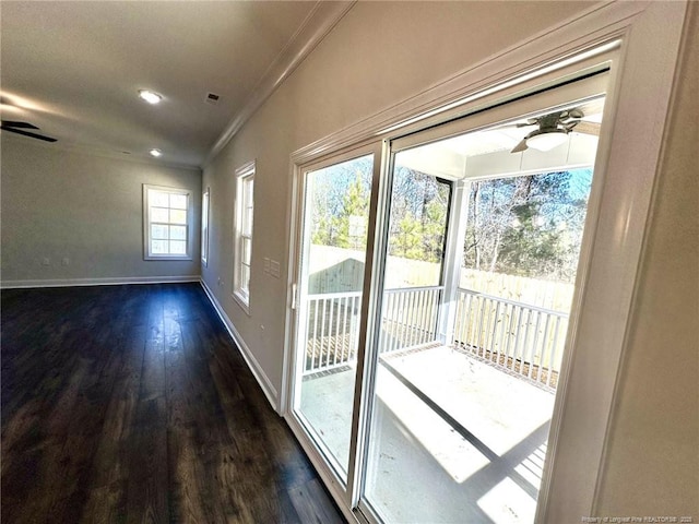 entryway with crown molding, dark wood-type flooring, and ceiling fan