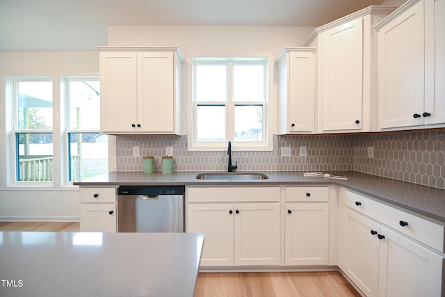 kitchen with dishwasher, backsplash, white cabinets, sink, and light wood-type flooring