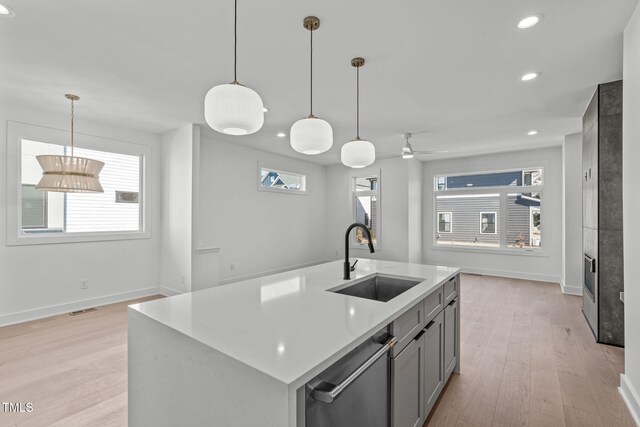 kitchen featuring dishwasher, light countertops, gray cabinetry, light wood-type flooring, and a sink