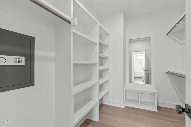 walk in closet with wood finished floors