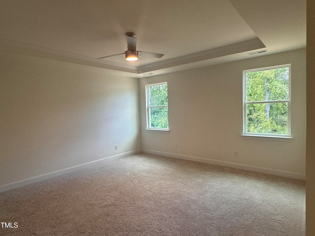 carpeted empty room featuring crown molding, a raised ceiling, and ceiling fan