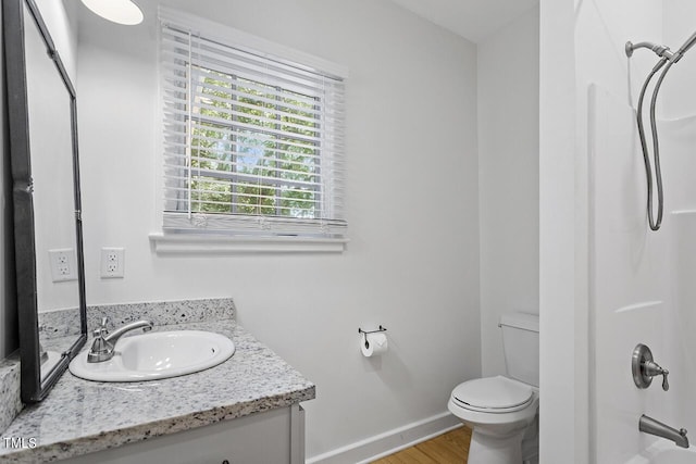 bathroom featuring vanity, toilet, and wood-type flooring