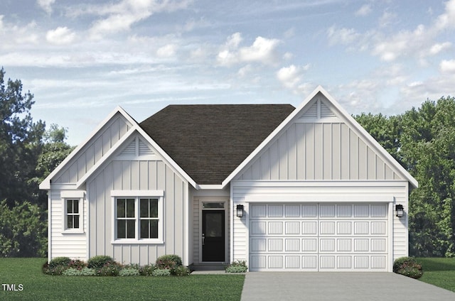 338 Tormore Dr, Home, Sanford, NC 27330 - view of front facade with board and batten siding, roof with shingles, driveway, a garage, and a front yard