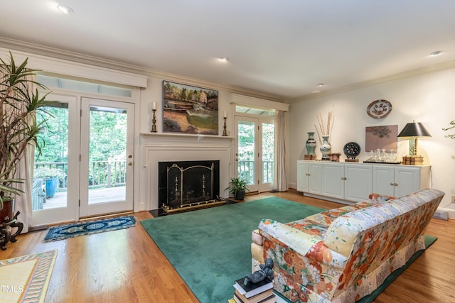 living room with light hardwood / wood-style flooring, a healthy amount of sunlight, and crown molding