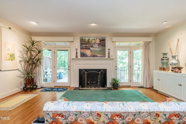 living room featuring ornamental molding, light hardwood / wood-style flooring, and a healthy amount of sunlight