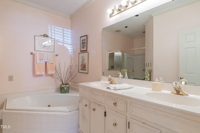 bathroom featuring shower with separate bathtub, vanity, and crown molding