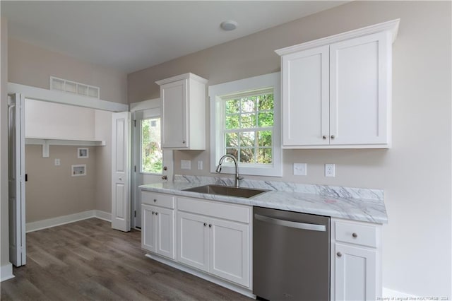 kitchen featuring visible vents, dishwasher, dark wood-style floors, white cabinetry, and a sink