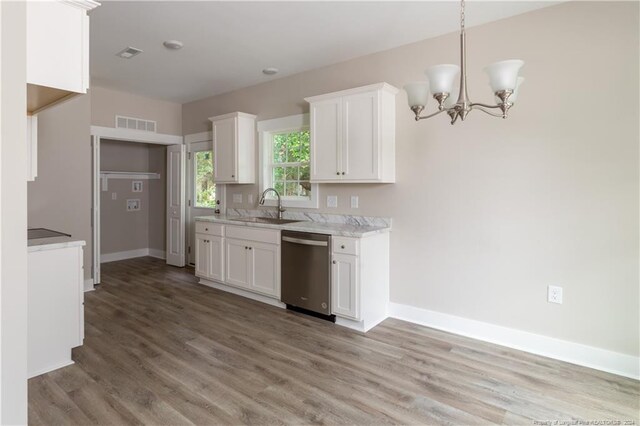 kitchen featuring hardwood / wood-style floors, stainless steel dishwasher, white cabinets, and decorative light fixtures