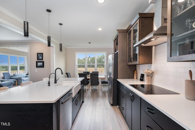 kitchen with appliances with stainless steel finishes, a kitchen island with sink, wall chimney exhaust hood, and a healthy amount of sunlight