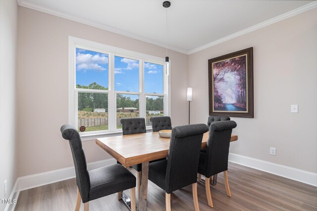 dining room with crown molding and wood-type flooring