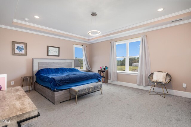 carpeted bedroom featuring a tray ceiling and ornamental molding