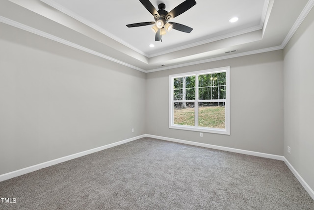 unfurnished room featuring ornamental molding, a raised ceiling, and carpet flooring