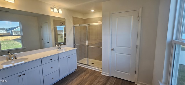 466 Saint Clair Dr, Fuquay Varina, NC 27526 - full bath featuring a stall shower, wood finished floors, double vanity, and recessed lighting
