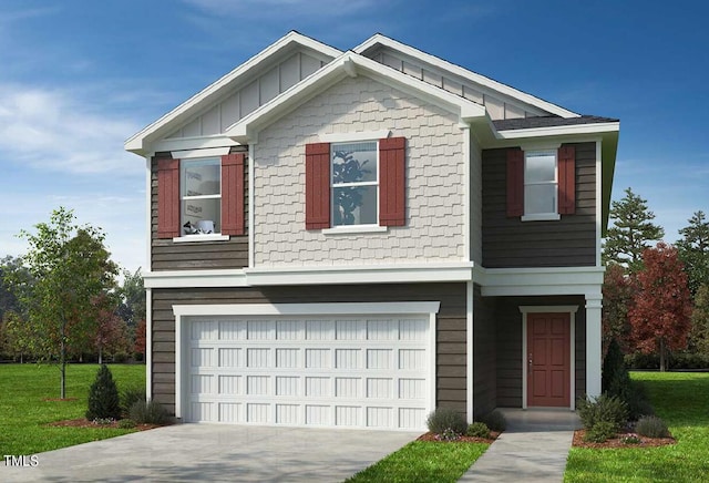 craftsman inspired home with a garage, concrete driveway, a front lawn, and board and batten siding