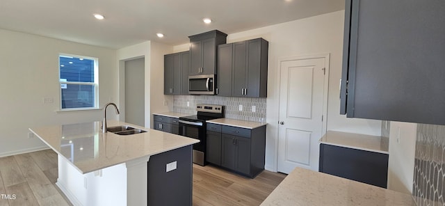 kitchen with backsplash, light wood-style flooring, appliances with stainless steel finishes, a kitchen island with sink, and a sink