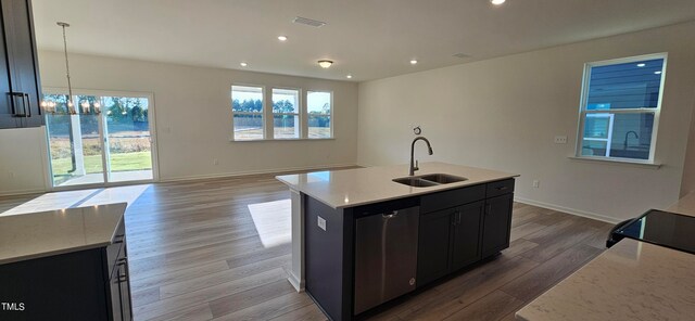 kitchen featuring visible vents, a sink, light wood-type flooring, plenty of natural light, and dishwasher