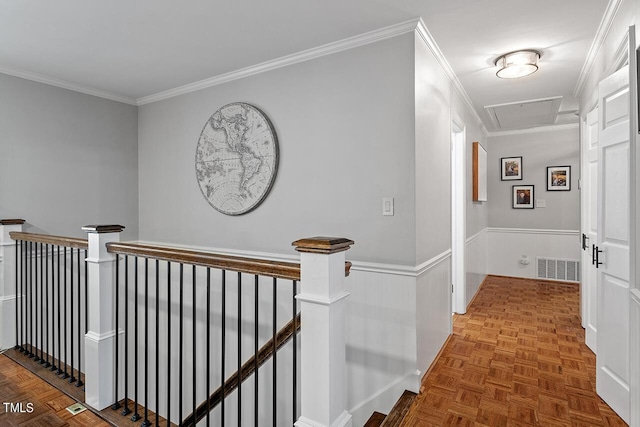 hall featuring parquet floors and ornamental molding